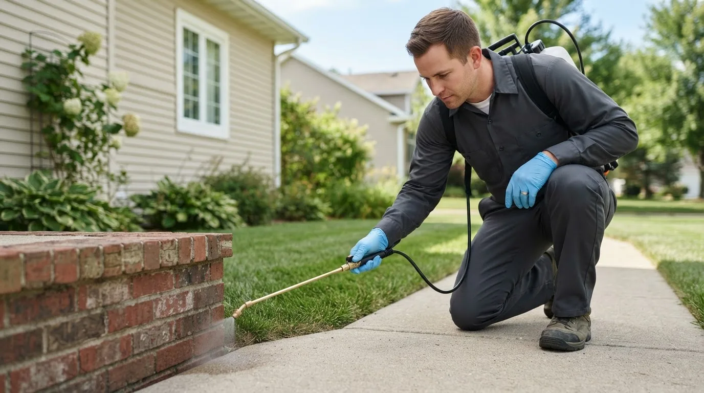 Pest control technician treating a home near Crane, OR
