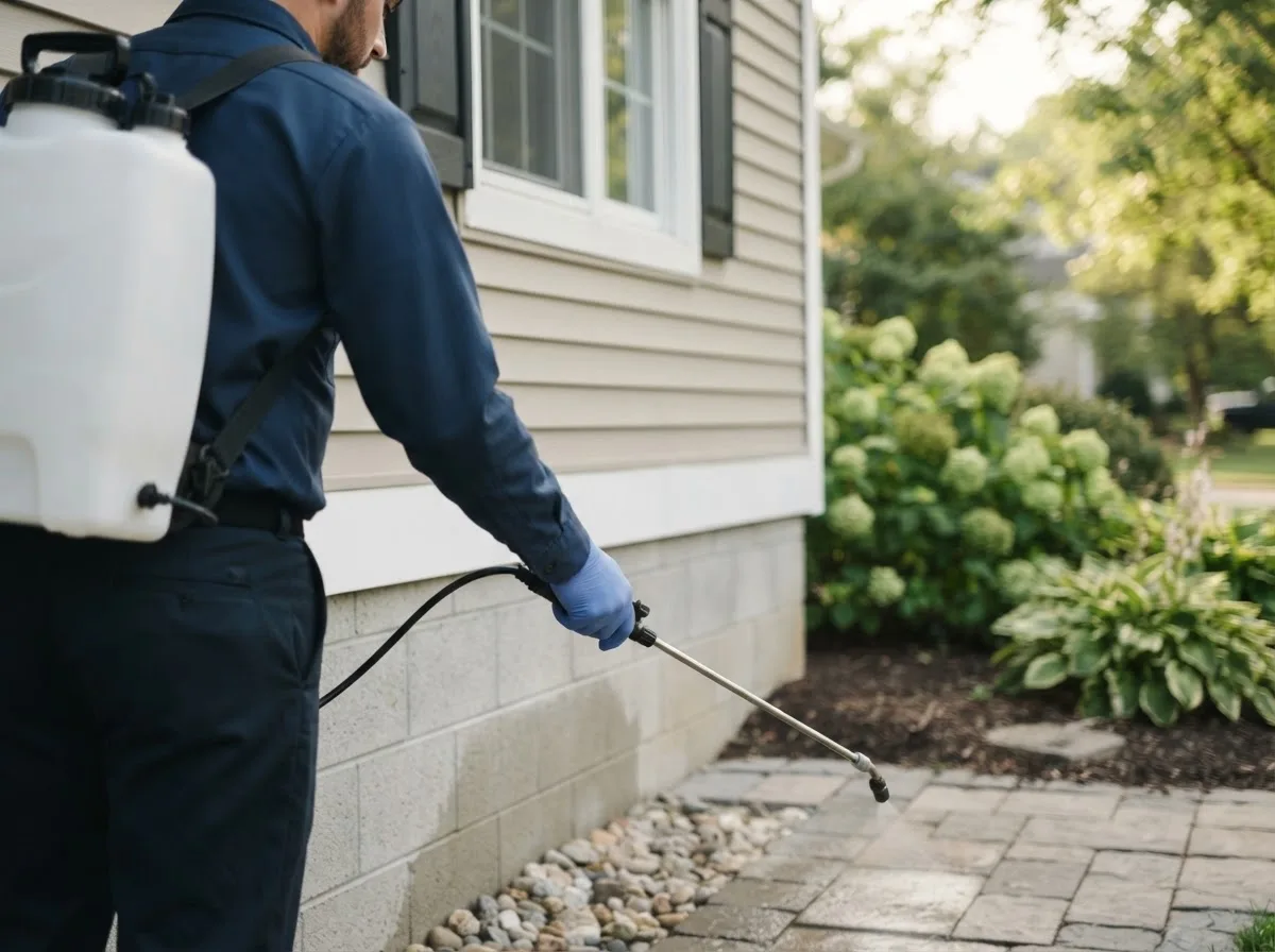 Pest control technician inspecting a home in Crane, OR
